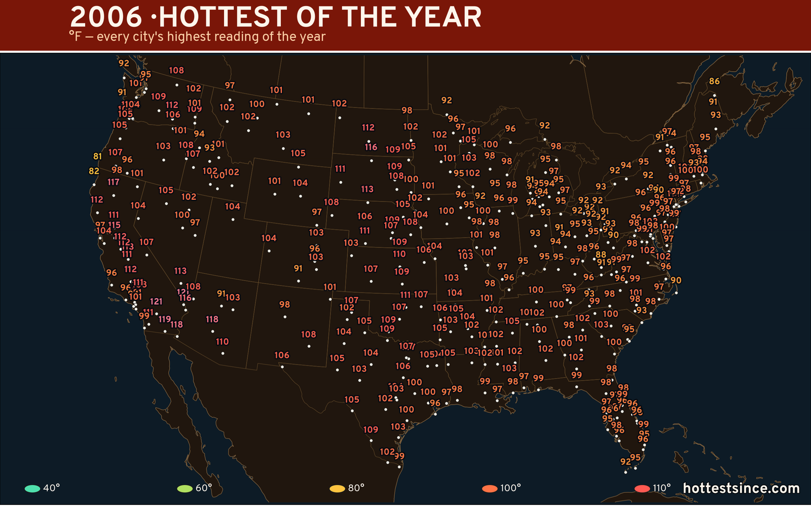 2006 — hottest and coldest temperature at each U.S. city