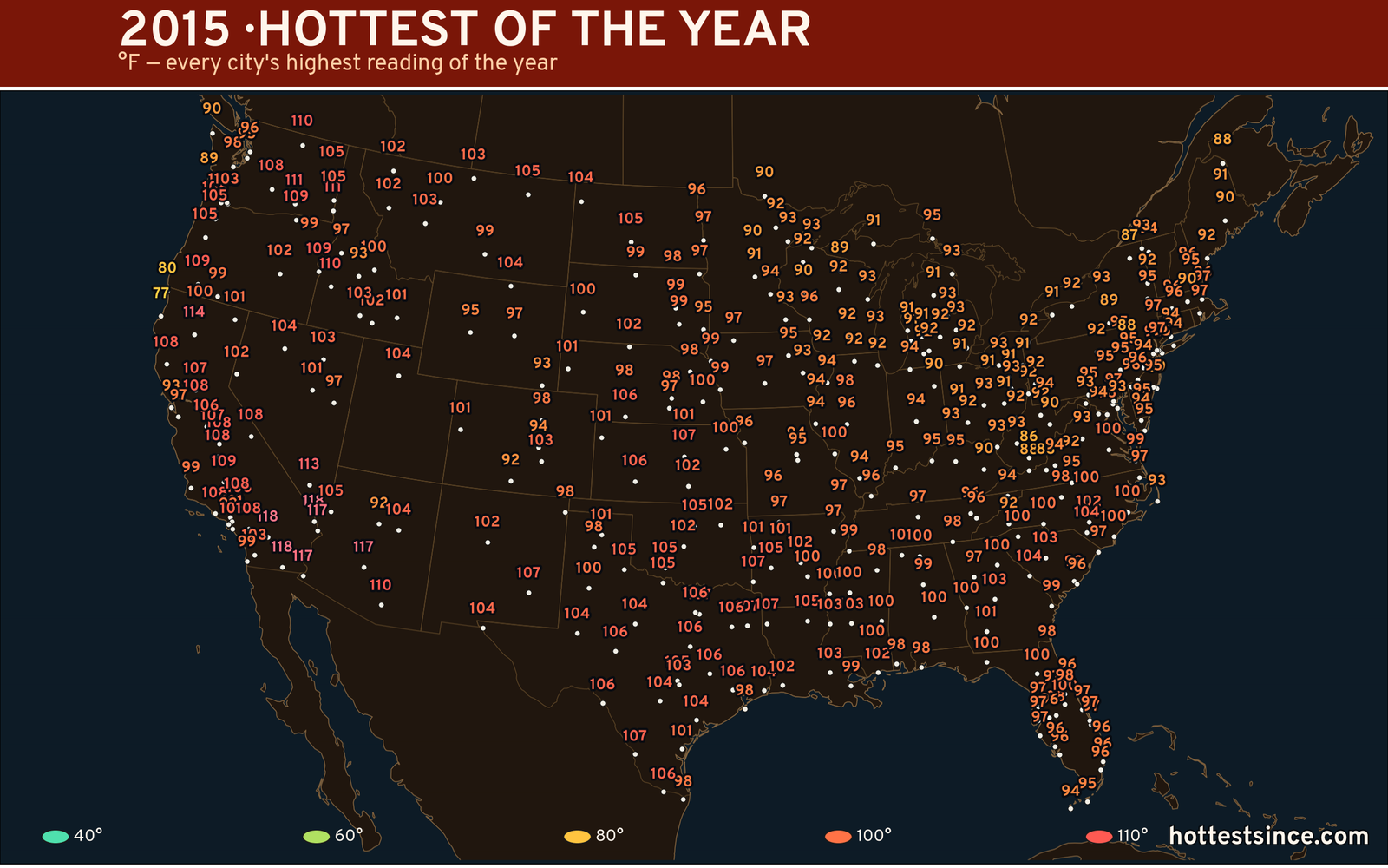 2015 — hottest and coldest temperature at each U.S. city