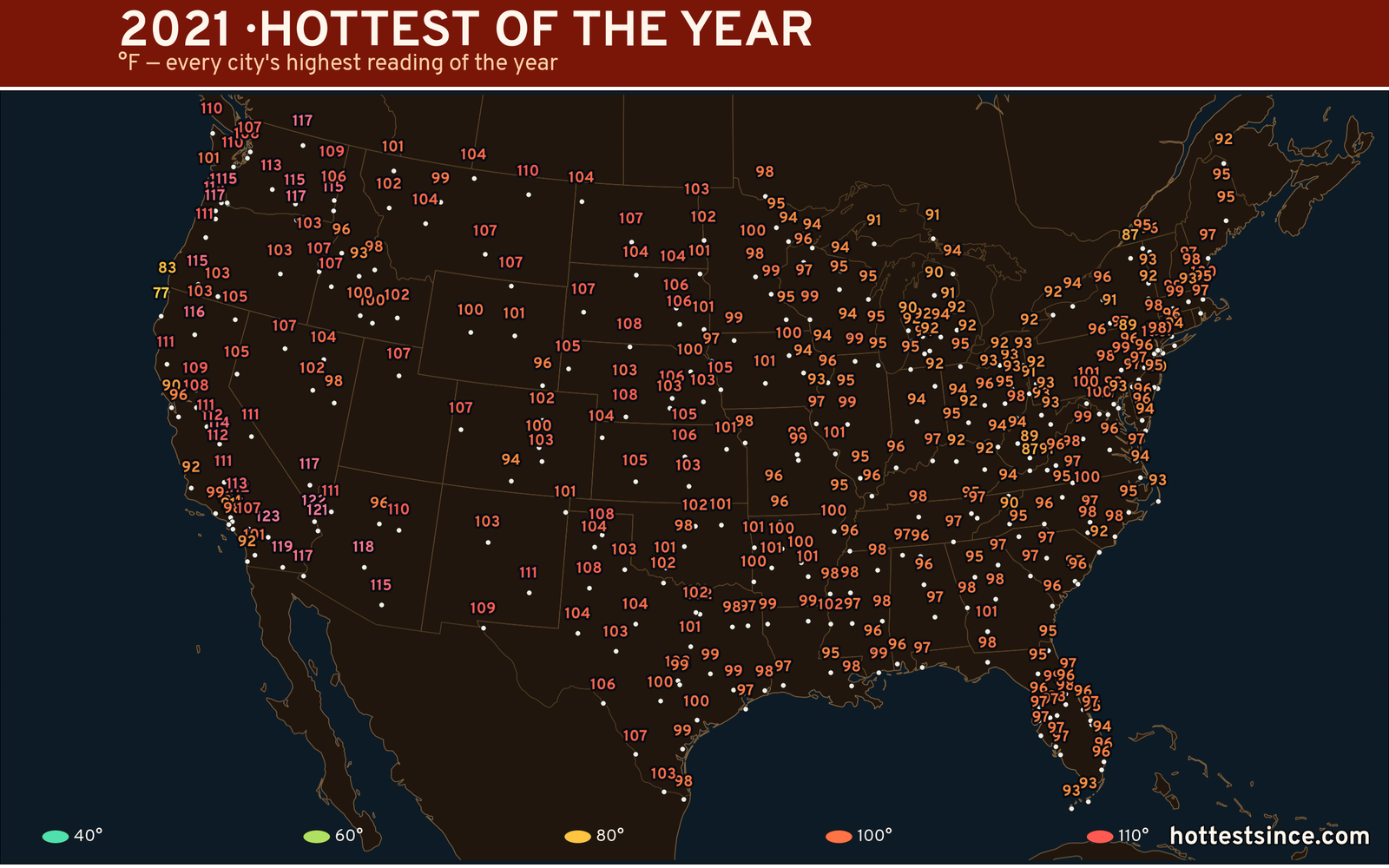 2021 — hottest and coldest temperature at each U.S. city