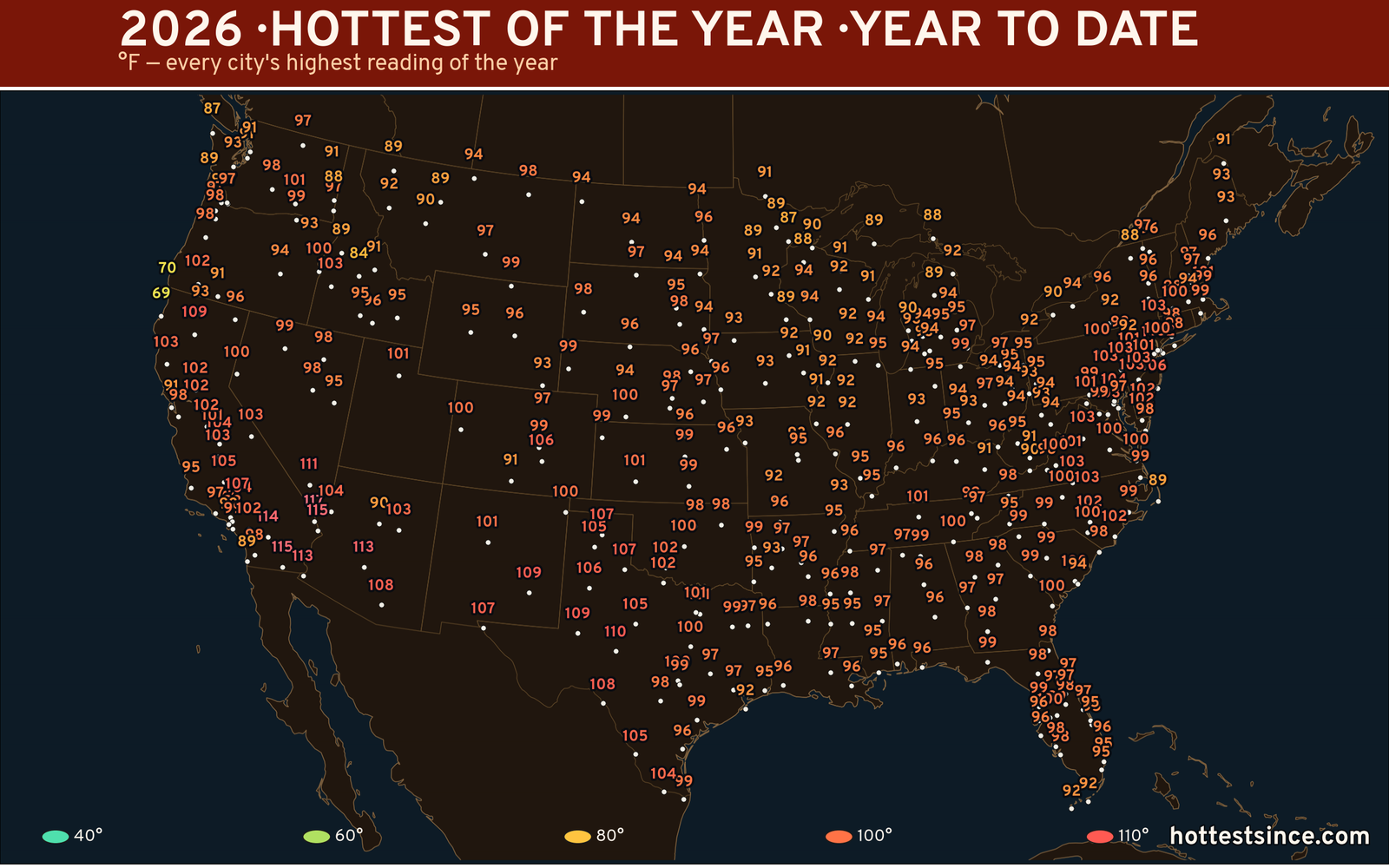 2026 — hottest and coldest temperature at each U.S. city
